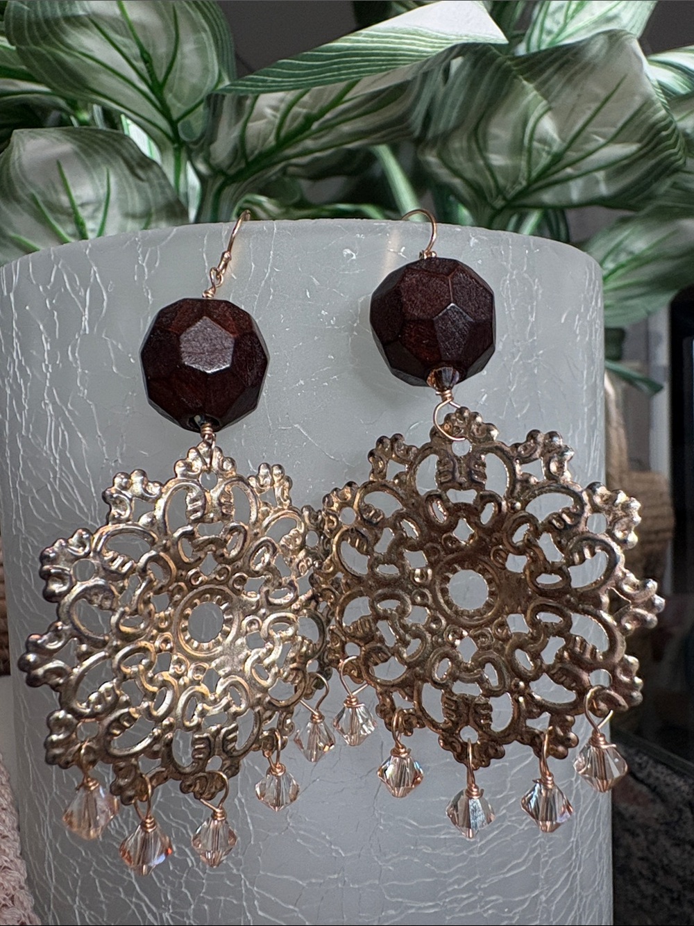 Gold Filigree and Brown Bead Dangle Earrings